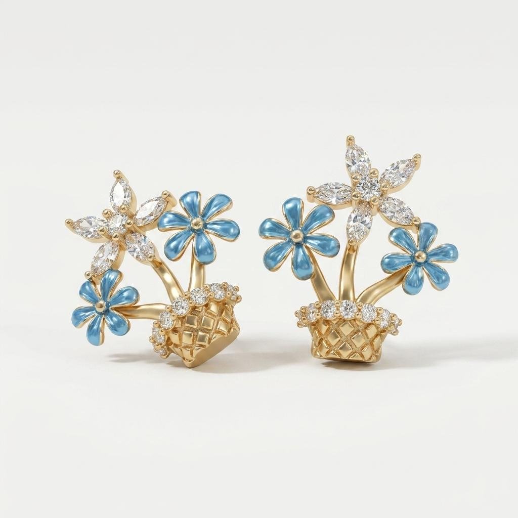Blue Flower Stud Earrings for Women | Gold Tone Floral Earrings with Crystal Petal & Blue Enamel Flowers | Trendy Statement Jewellery for Party & Festive Wear