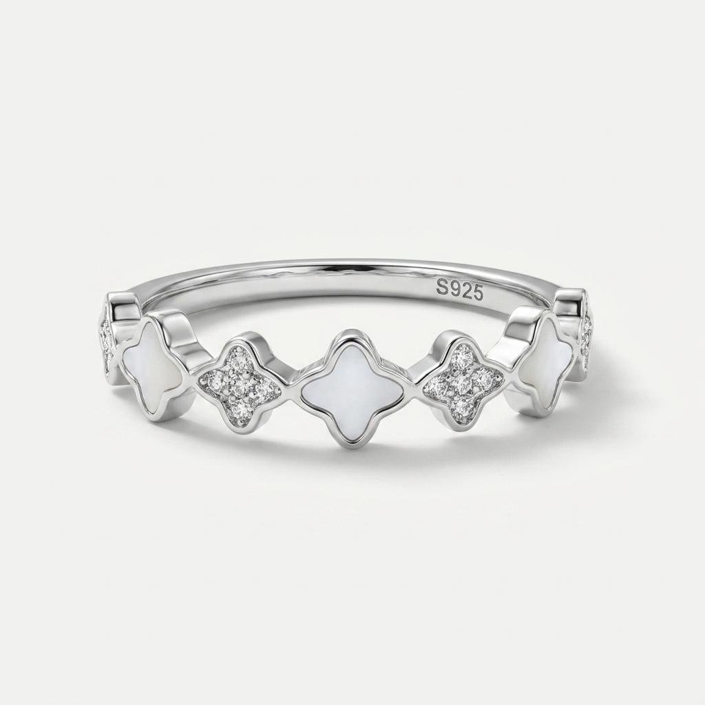 925 Sterling Silver Clover Flower Ring with White Enamel & CZ Stones for Women