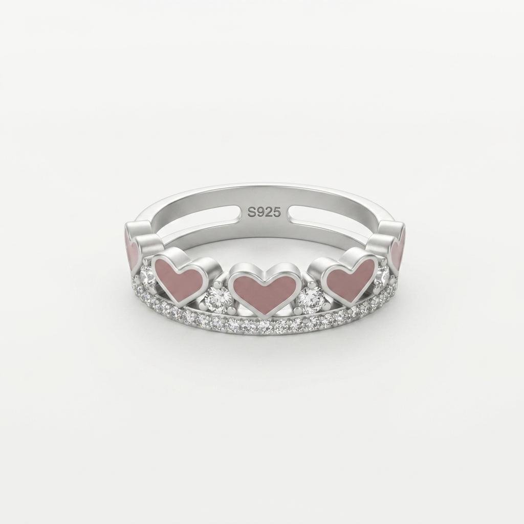 Silver Heart Ring for Women | Pink Heart CZ Stone Studded Adjustable Ring | Triple Heart Open Band Statement Jewellery for Girls