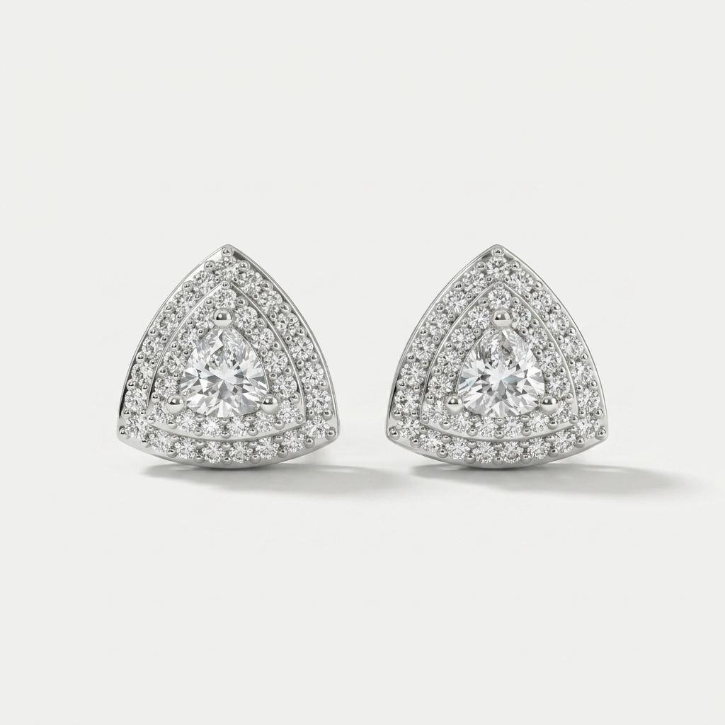 Silver Triangle CZ Stud Earrings for Women | Sparkling Triangular Crystal Earrings with Halo Stone Detailing | Elegant Statement Jewellery for Party & Festive Wear