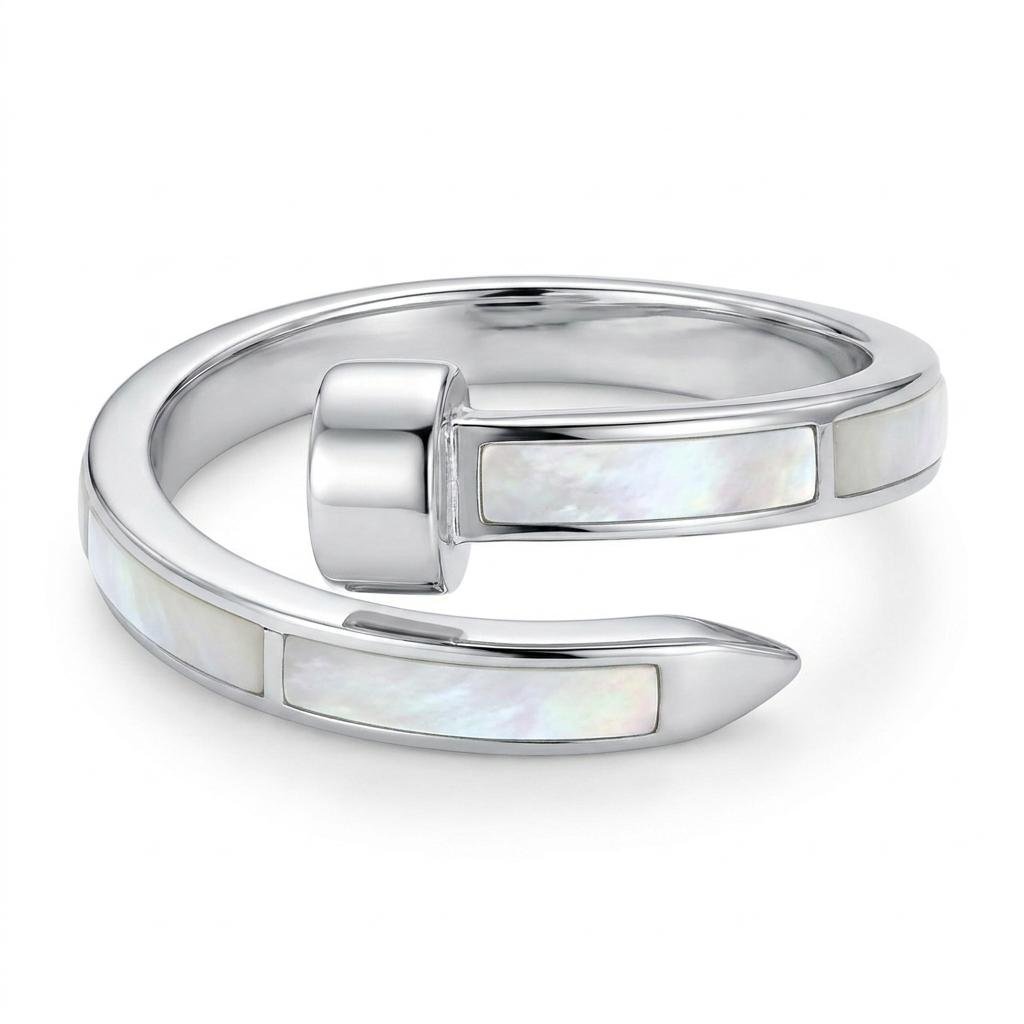 Silver Open Cuff Ring for Women | Mother of Pearl Minimalist Adjustable Statement Ring | Stylish White Stone Band Ring for Everyday & Party Wear