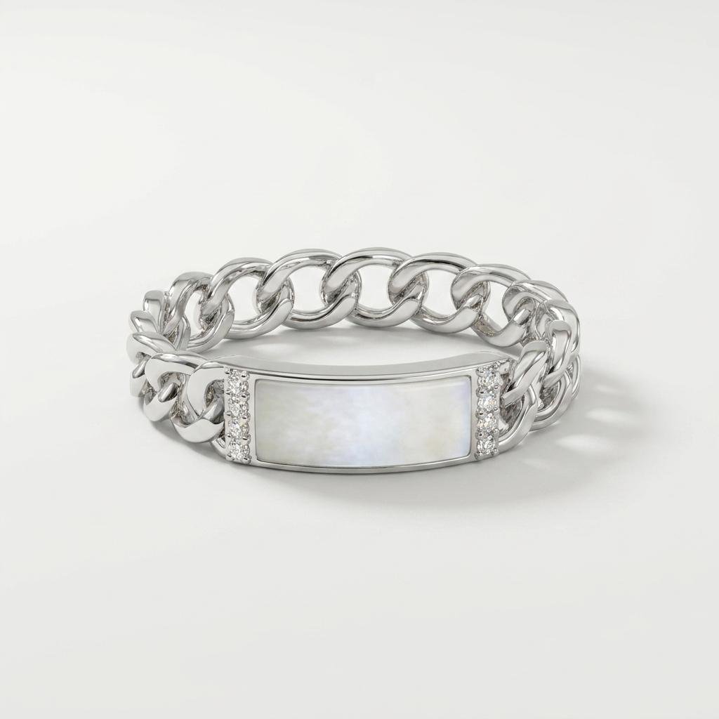 Silver Chain Ring for Women | Chunky Link Ring with Mother of Pearl Centre Plate & CZ Stone Detailing | Trendy Statement Jewellery