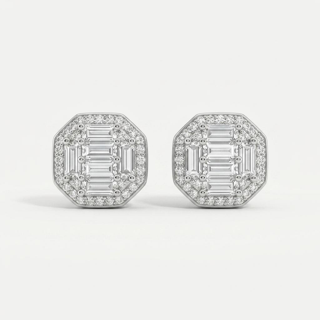 Silver Octagon Stud Earrings for Women | Sparkling CZ Crystal Geometric Earrings with Baguette Stones | Elegant Statement Jewellery for Party & Festive Wear