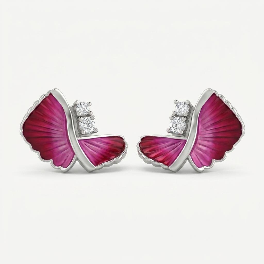 Pink Butterfly Stud Earrings for Women | Magenta Enamel Butterfly Earrings with Sparkling Crystal Accents | Stylish Statement Jewellery for Party & Festive Wear