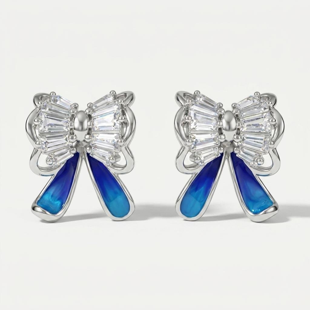 Blue Bow Earrings for Women | Sparkling Crystal Bow Stud Earrings with Blue Enamel Ribbon Drops | Stylish Statement Jewellery for Party & Festive Wear
