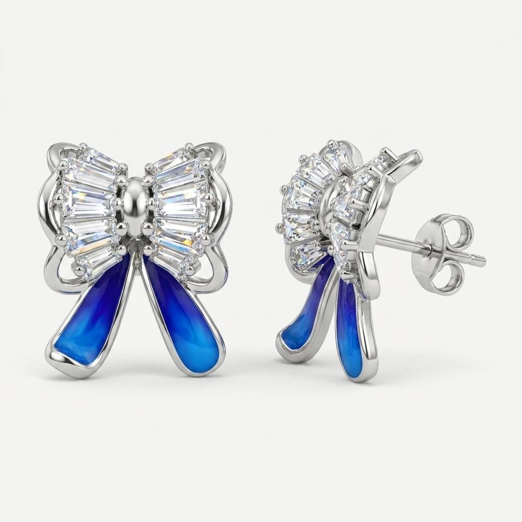 Blue Bow Earrings for Women | Sparkling Crystal Bow Stud Earrings with Blue Enamel Ribbon Drops | Stylish Statement Jewellery for Party & Festive Wear - Image 3