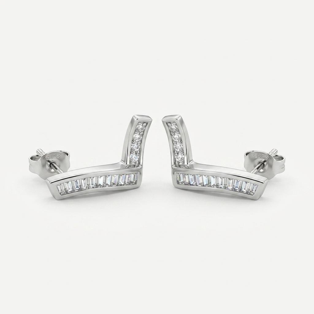 Silver CZ Bar Stud Earrings for Women | Geometric Curved Crystal Earrings with Baguette Stone Detailing | Modern Minimalist Jewellery for Party & Everyday Wear