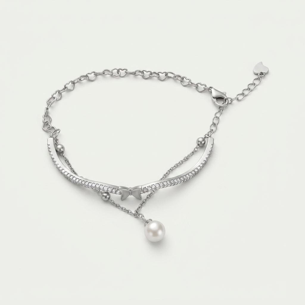 Silver Pearl Bow Bracelet for Women & Girls | Crystal Stone Studded Bracelet with Heart Chain & Pearl Charm | Trendy Fashion Jewellery