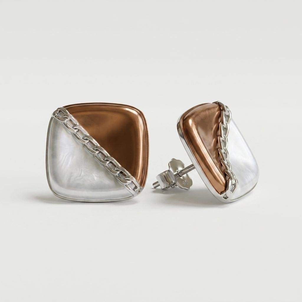 Two Tone Square Stud Earrings for Women | Silver & Gold Geometric Earrings with Pearl Finish | Minimalist Stylish Fashion Jewellery for Everyday & Party Wear