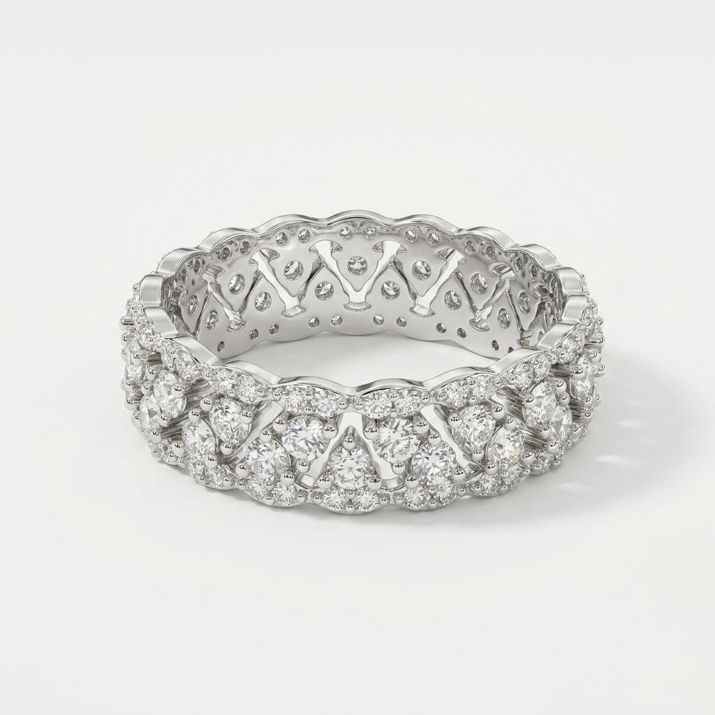 Silver CZ Stone Studded Ring for Women | Full Band Crystal Ring with Intricate Floral Design | Sparkling Statement Ring for Party & Festive Wear