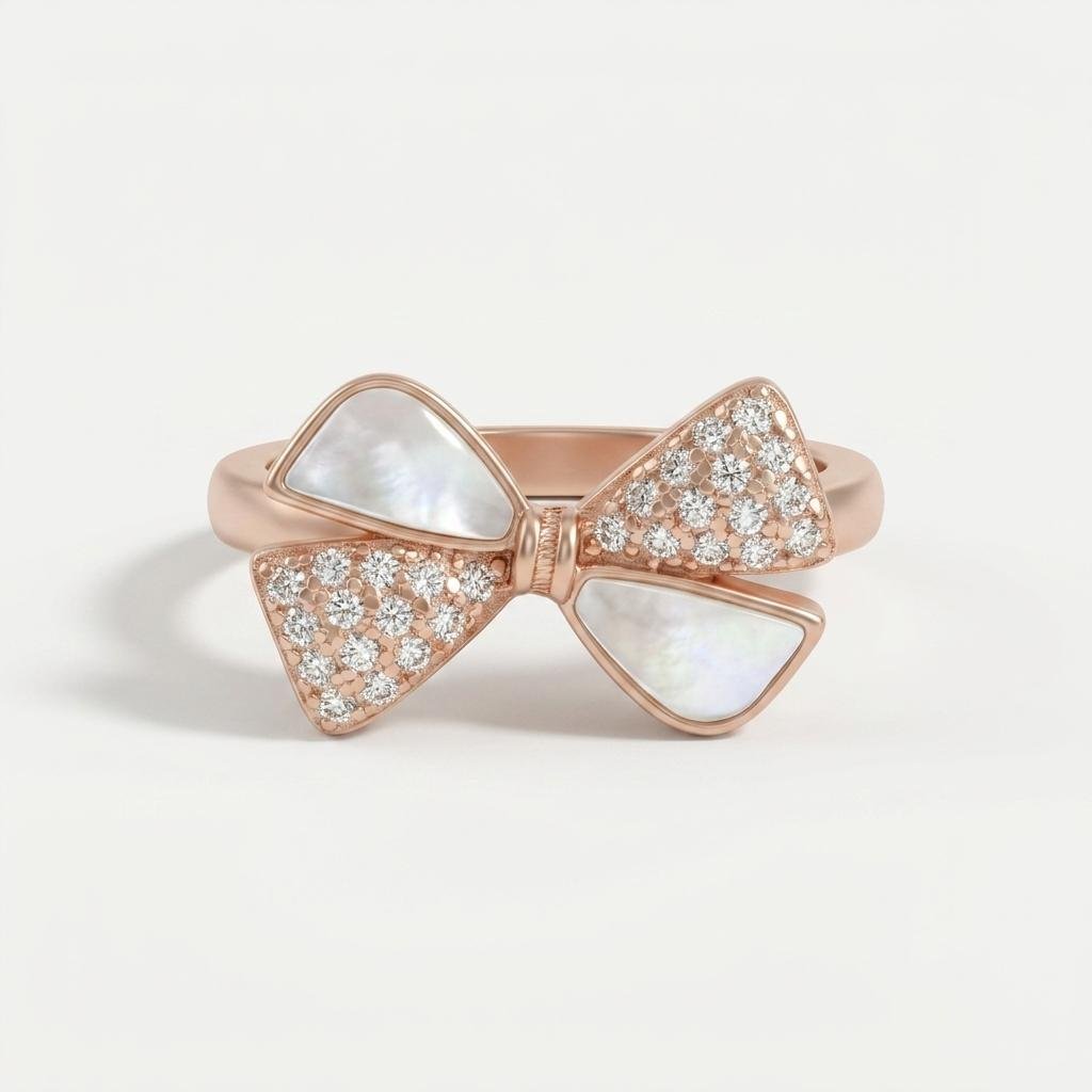Rose Gold Bow Ring for Women | Pearl & CZ Crystal Ribbon Bow Statement Ring | Cute Stylish Fashion Jewellery for Party & Gifting - Image 3