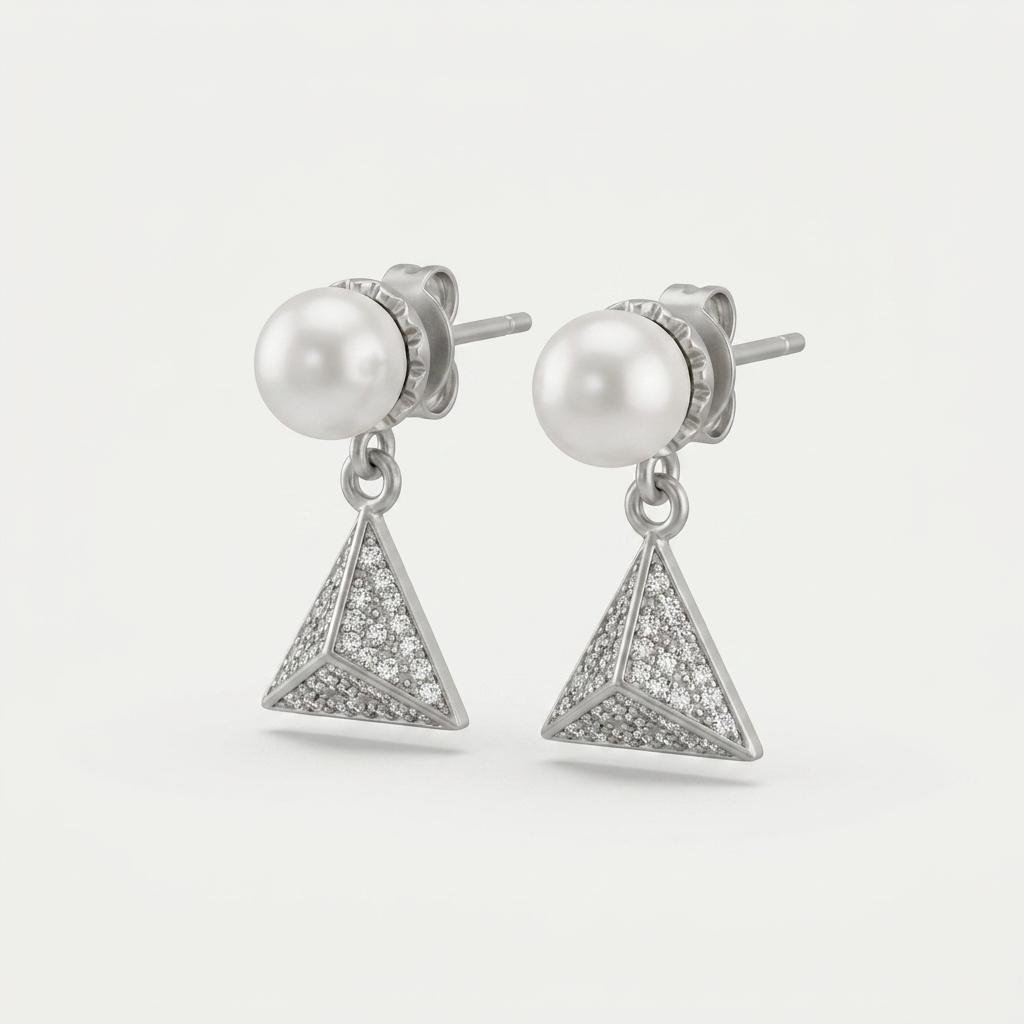 Silver Pearl Drop Earrings for Women | CZ Crystal Triangle Dangle Earrings with Pearl Studs | Elegant Geometric Fashion Jewellery for Party & Festive Wear