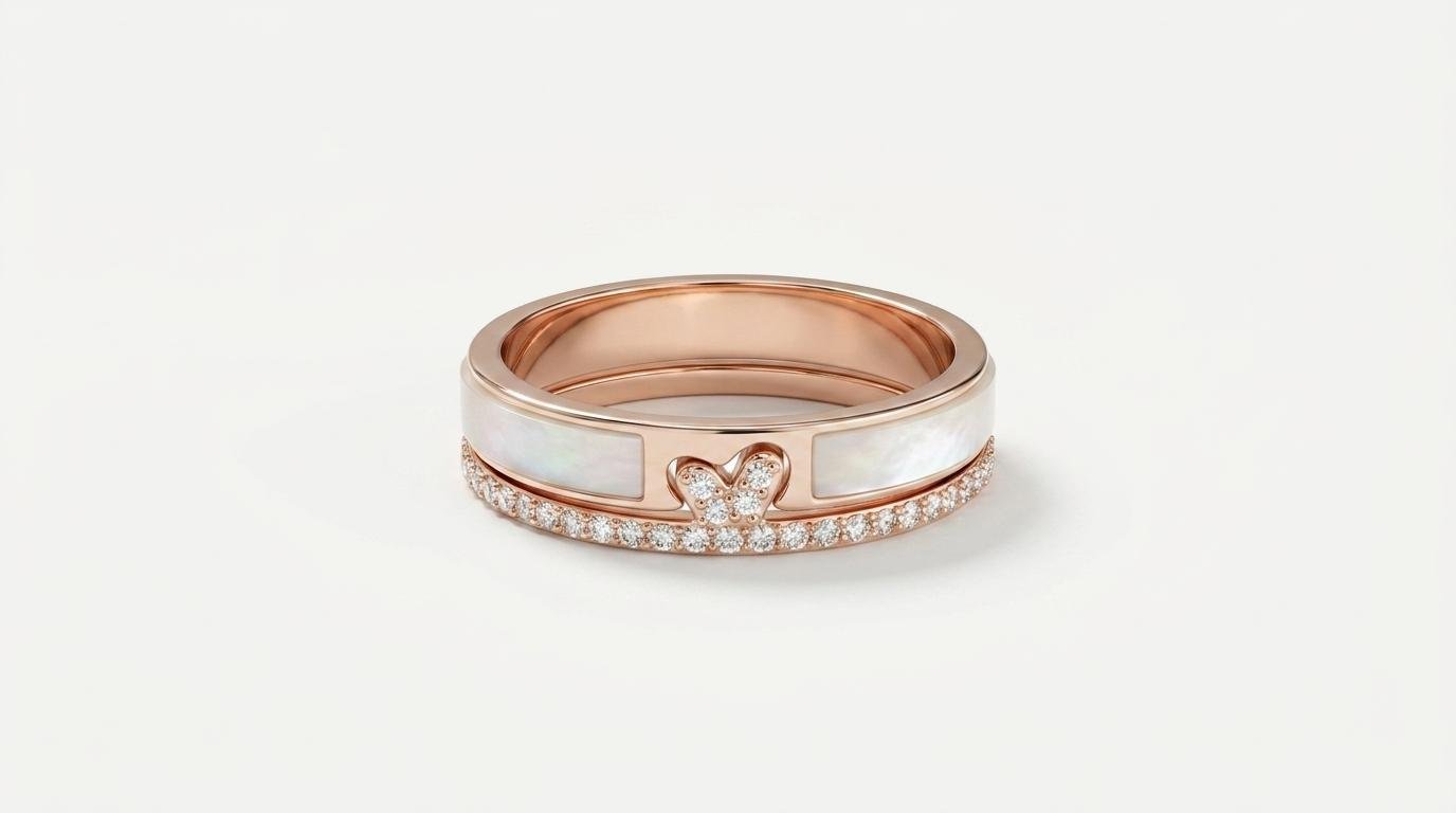 Rose Gold Pearl Ring for Women | Mother of Pearl Butterfly Crystal Ring | Stylish Double Band Statement Ring for Party & Everyday Wear