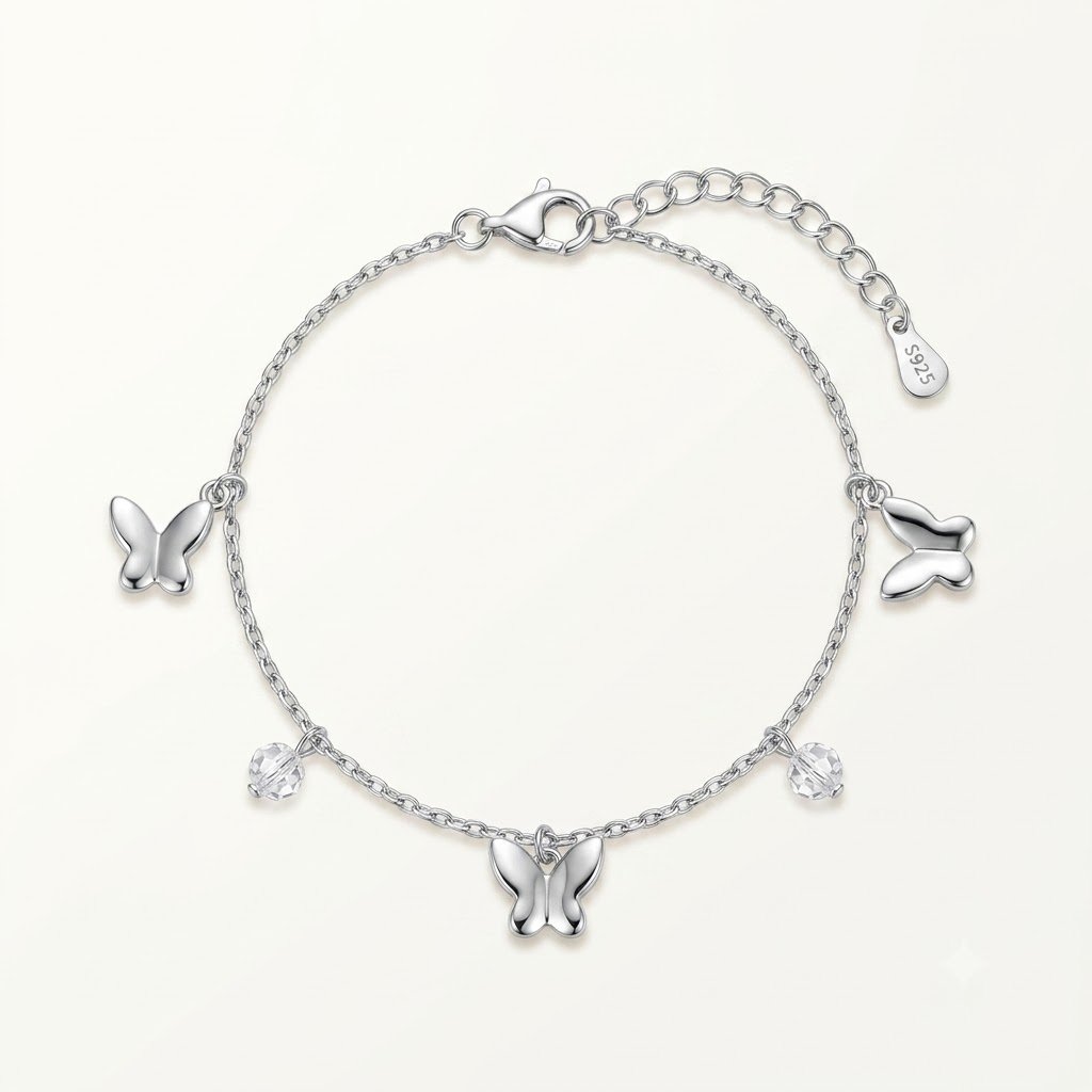 Silver Butterfly Charm Bracelet for Women & Girls |  Butterfly Chain Bracelet with Crystal Charms | Delicate Trendy Fashion Jewellery for Everyday Wear