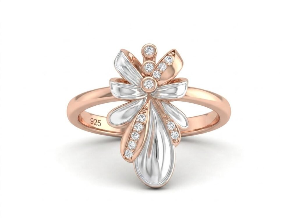 Rose Gold Floral Statement Ring for Women | Two-Tone Flower Ring with CZ Crystal Stone Detailing | Stylish 925 Silver Inspired Jewellery for Party & Festive Wear