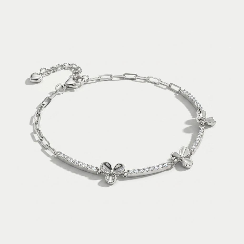 Silver Butterfly Charm Bracelet for Women & Girls | Sparkling CZ Stone Chain Bracelet with Floral Butterfly Charms | Trendy Fashion Jewellery