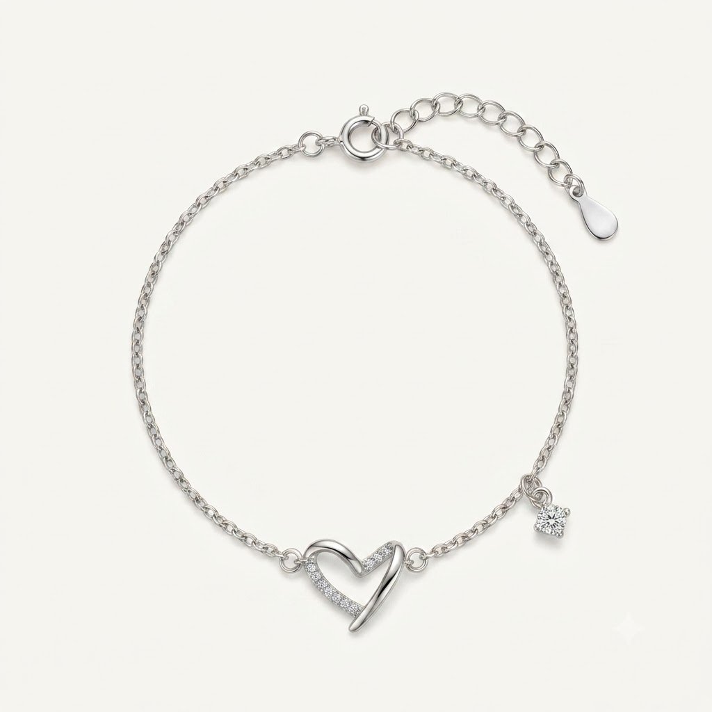 Silver Heart Bracelet for Women | CZ Crystal Heart Charm Chain Bracelet with Solitaire Pendant | Dainty Romantic Jewellery for Everyday & Gifting