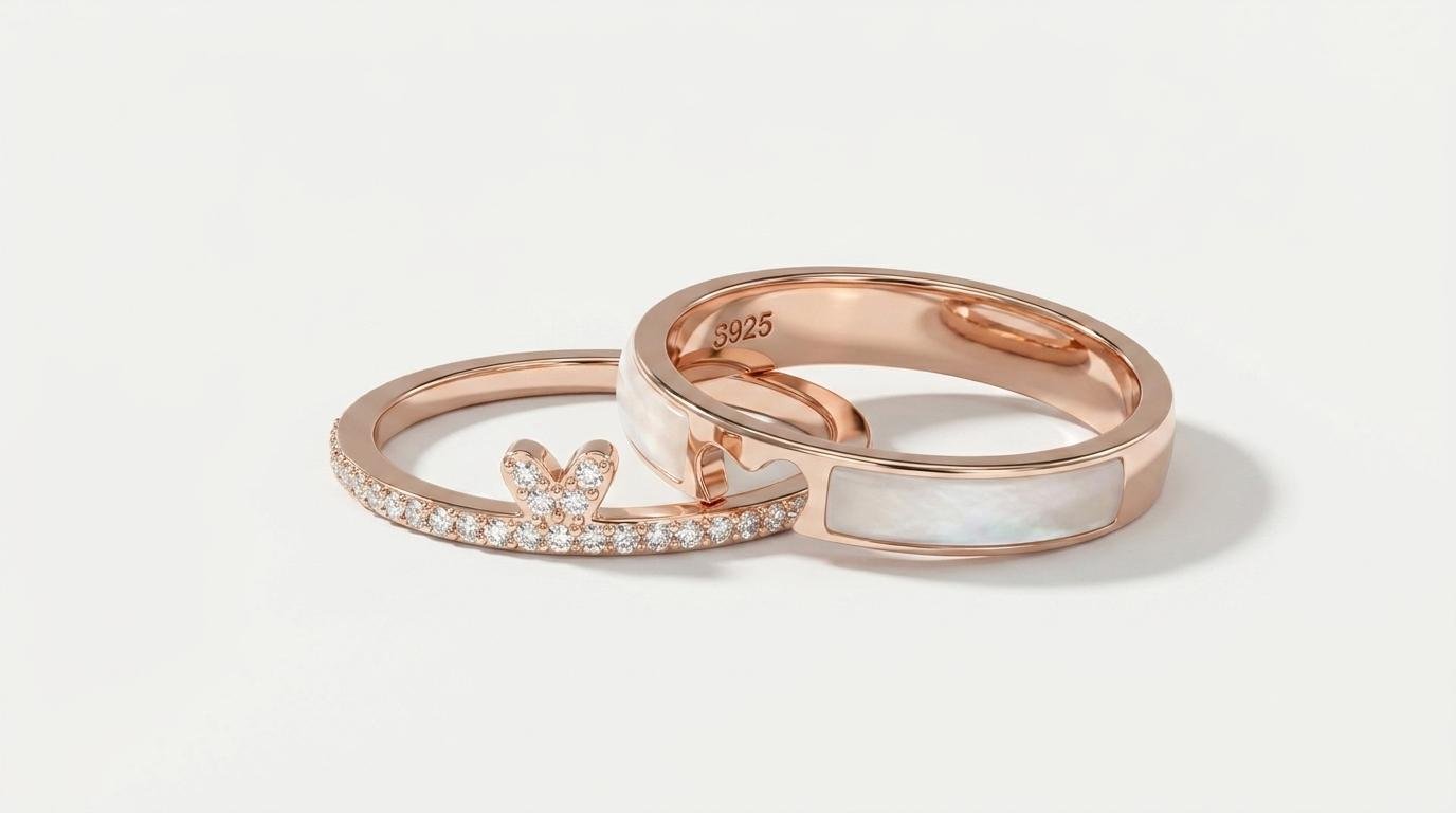 Rose Gold Pearl Ring for Women | Mother of Pearl Butterfly Crystal Ring | Stylish Double Band Statement Ring for Party & Everyday Wear - Image 3