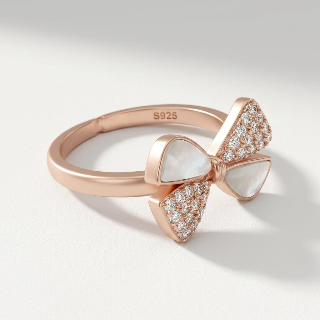 Rose Gold Bow Ring for Women | Pearl & CZ Crystal Ribbon Bow Statement Ring | Cute Stylish Fashion Jewellery for Party & Gifting